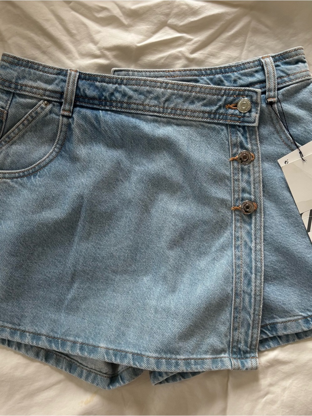 Zara Light Blue Denim Mini Skort with Side Button Trim
